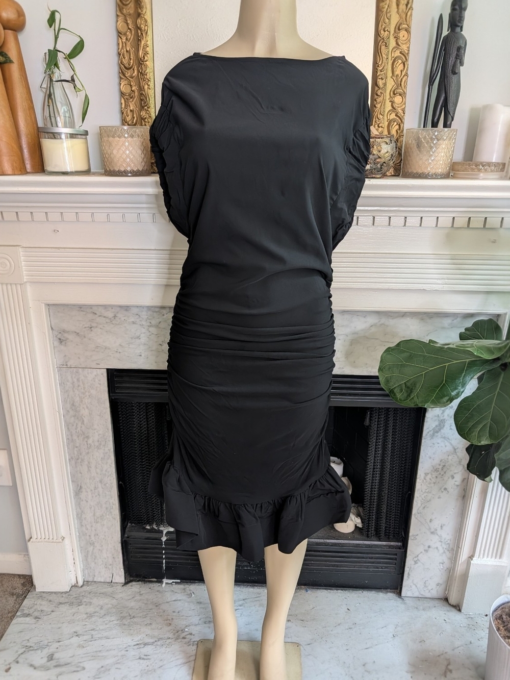 INA Black Ruched Stretch Midi Dress Size Large Ruffle Hem Bandeau Neck Stretch - Picture 3 of 7